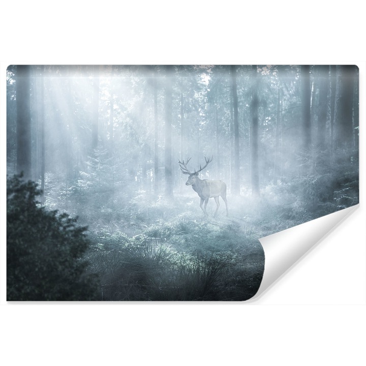 Fototapet pentru Living Padure in Ceata Cerb 3D 450 x 300 cm Vlies, Peisaj natural, Usor de curatat, Decor creativ