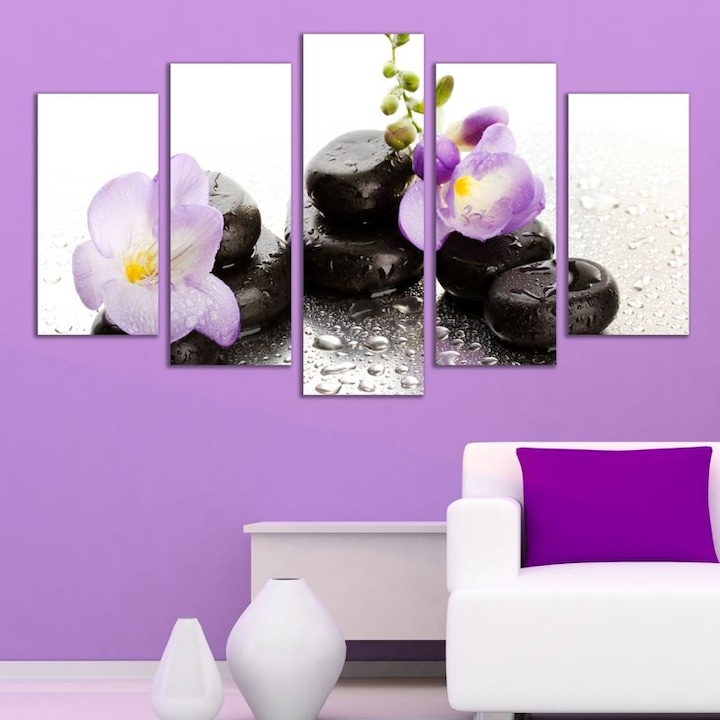 Картина-пано за стена Iwidecor, 5 части,Камъни и орхидеи, PVC 5 мм., Размер L 158х90 см.