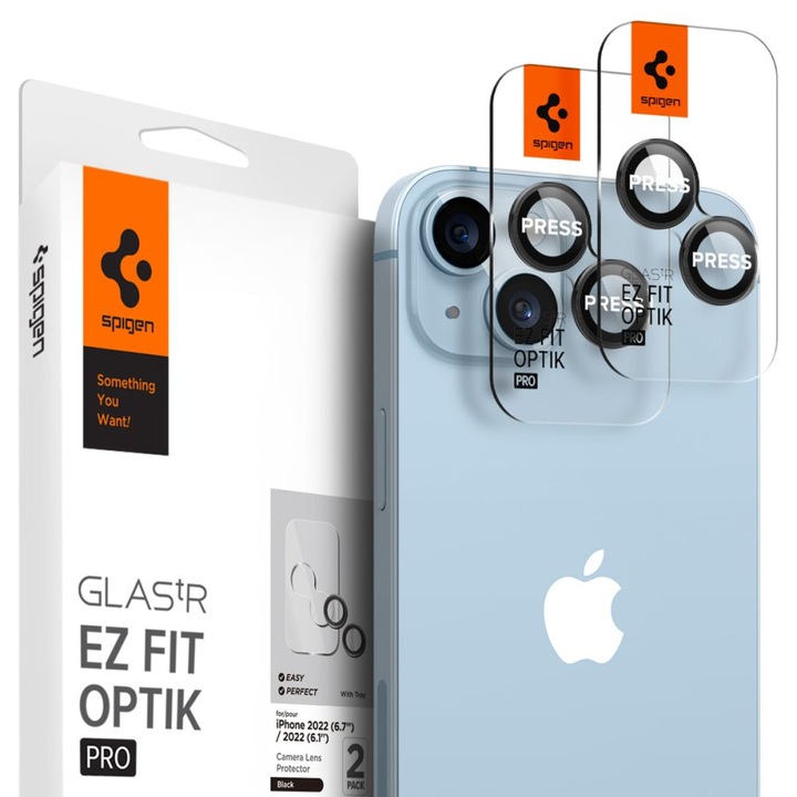 Стъклен протектор Spigen Optik.TR, EZ FIT, Camera Protektor, 2броя за iPhone 14 / 14 Plus, Black