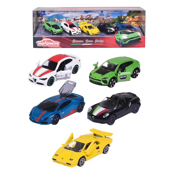 Set 5 masinute Simba Dream Cars Italy, Alfa Romeo 4C Spider, Lamborghini Countach, Lamborghini Huracan, Lamborghini Urus, Alfa Romeo Giulia, 7.5cm, Multicolor