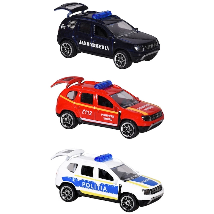 Set Majorette Dacia Duster SOS cu masina de jandarmerie, salvare si politie