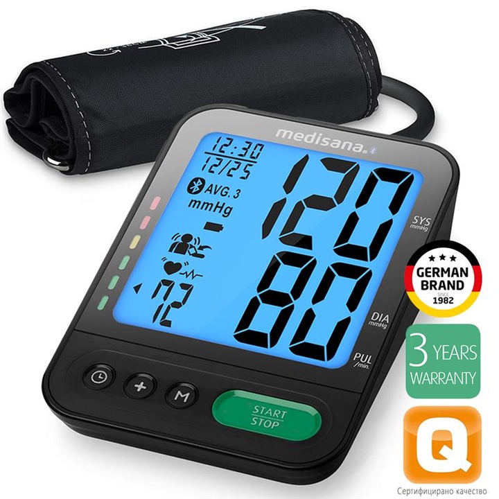 Апарат за измерване на кръвно налягане Medisana BU 580 Connect, Bluetooth, Маншет 22-43 см, Памет 2 x 120 измервания, LCD дисплей, За над лакът, Черен