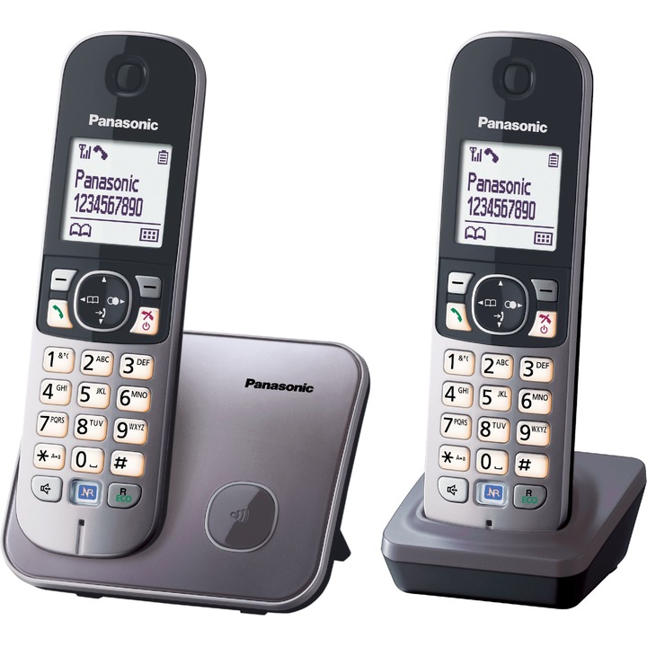 Telefon fix fara fir Panasonic KX-TG6812PDM, 2 receptoare, Gri