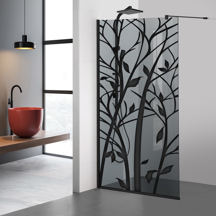 Paravan dus walk-in Aqua Roy ® Black, model Wood negru, feronerie full inox negru mat, sticla 8mm gri, securizata, anticalcar, 120x195 cm