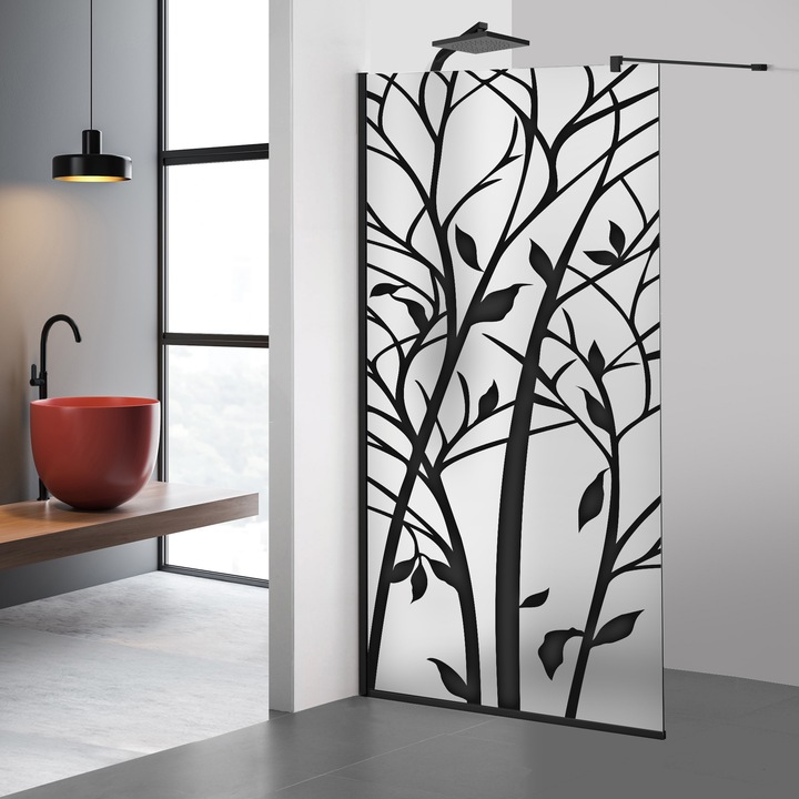 Paravan dus walk-in Aqua Roy ® Black, model Wood negru, feronerie full inox negru mat, sticla 8mm mata, securizata, anticalcar, 80x195 cm