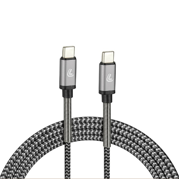 Cablu de incarcare telefon, Lampa, USB C-USB-C, 100 cm, Negru/Gri