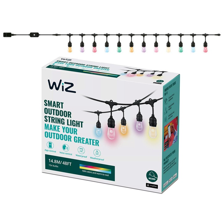 Ghirlanda luminoasa inteligenta LED RGB WiZ, Wi-Fi, 12 becuri, 120 lm, tensiune joasa, comutator pornit/oprit pe fir, lumina colorata, control vocal, IP65/IP44, 14.8m
