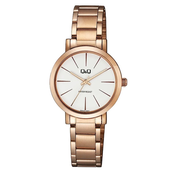 Q&Q analóg női karóra, rózsaarany színű fém tok, rózsaarany színű nemesacél csat, fehér számlap, ásványüveg, quartz szerkezet, cseppmentes vízállóság - Q893J001Y