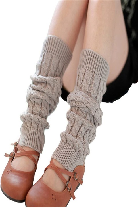 Sosete pentru genunchi Iarna, ASKSA, Crosetat tricotat, cald, gros, marime universala, Gri deschis