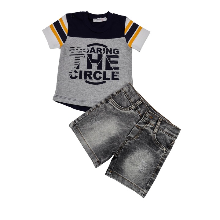 Compleu Bebelusi Baieti "The Circle" 2 Piese Tricou Si Pantaloni Scurti De Blugi, Gri