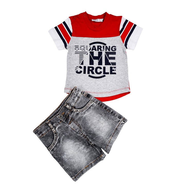Compleu Bebelusi Baieti "The Circle" 2 Piese Tricou Si Pantaloni Scurti De Blugi, Rosu