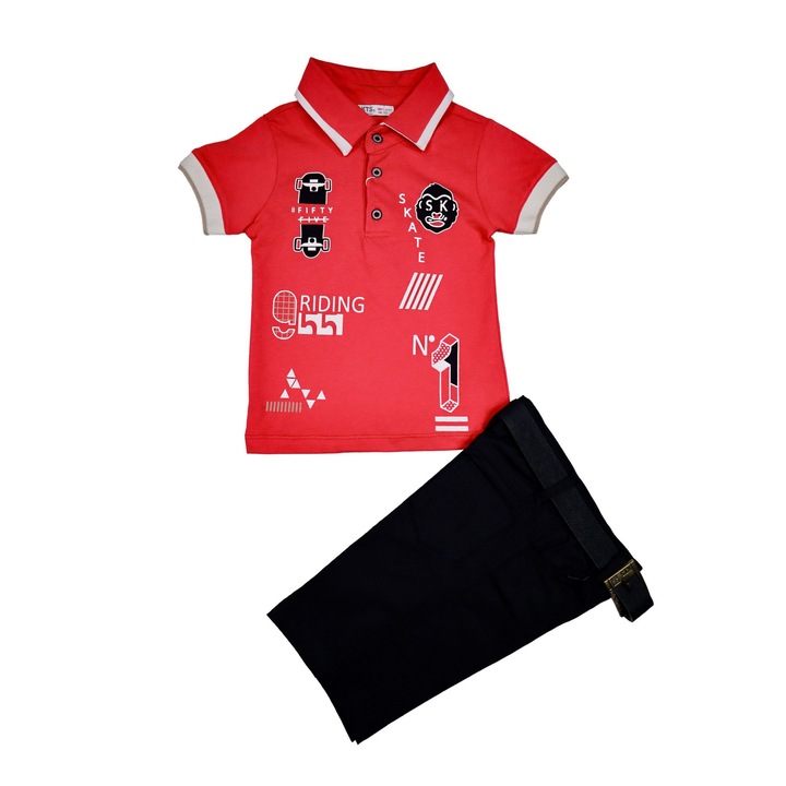 Compleu Baieti "Fifty Five" 3 Piese Tricou Polo,Pantaloni Scurti Si Curea, Rosu