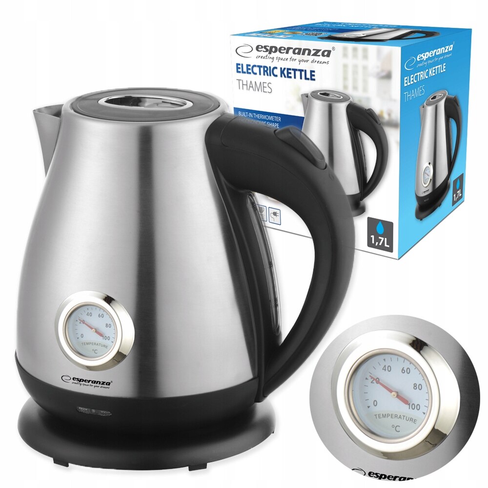 Безжична електрическа кана Esperanza, с термометър, 2200W, 1.7L ...