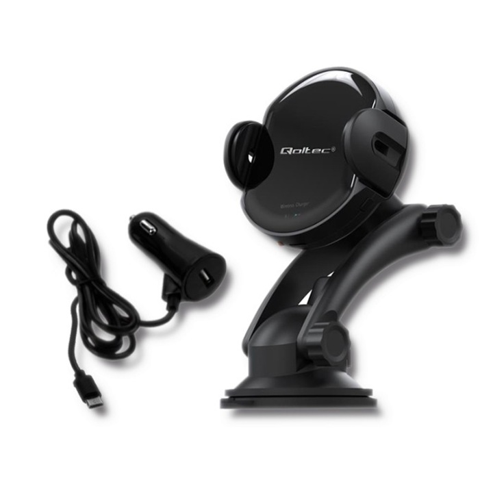 Induktív autós töltő PRO iR tartóval, Qoltec, 15W, QC3.0, USB C típus
