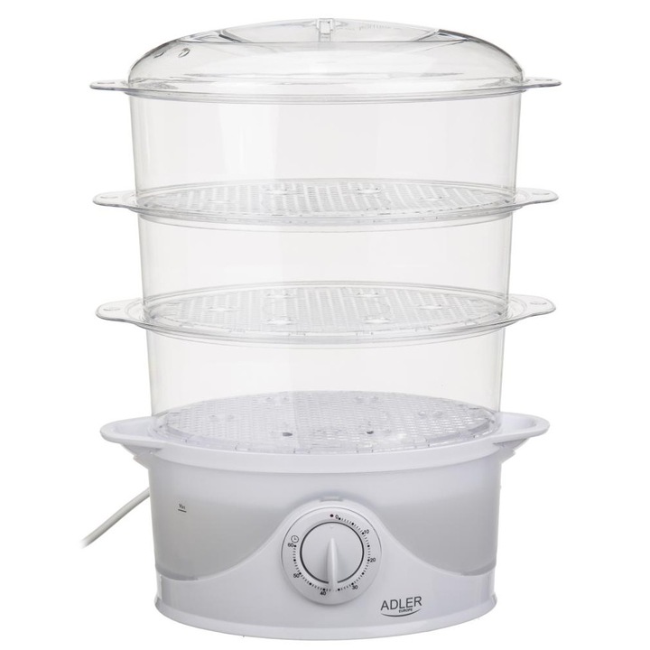 Aparat de gatit cu aburi Adler, Turbo Steam, timer 60 min, 800W, 9L, Alb