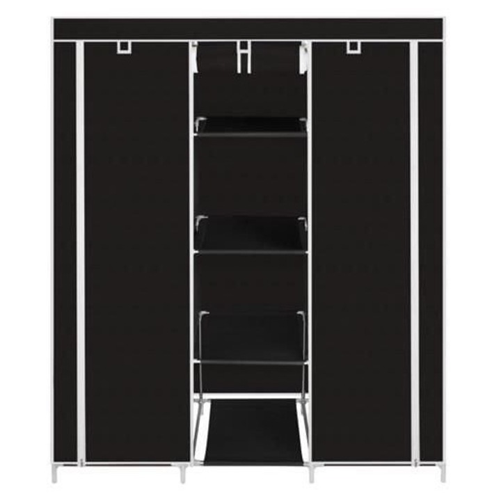 Dulap textil negru cu 8 rafturi inchidere fermoar suport umerase cadru otel, 125x43x166, selgot