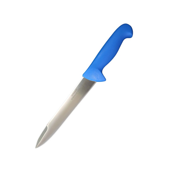 Cutit de macelarie cu lama dreapta de 20 cm din otel german si maner anti alunecare Albastru deschis, Sdx Market®