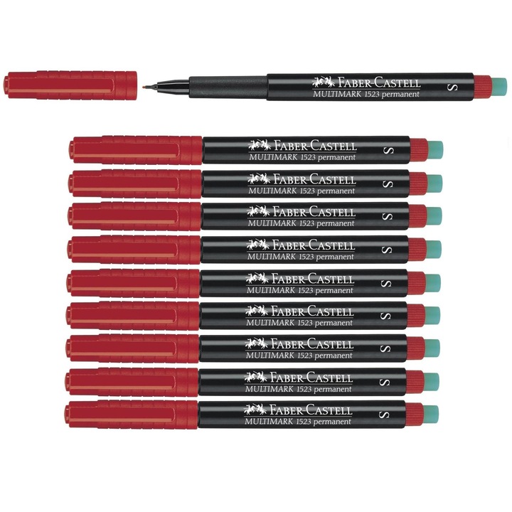 Set 10 marker permanent Faber-Castell Multimark, varf S, grosime 0,4 mm, rosu