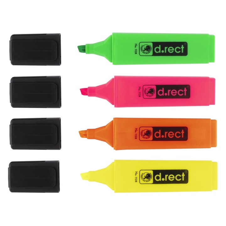 Set de 4 highlightere, D.RECT, 4 culori, 5mm, Multicolor
