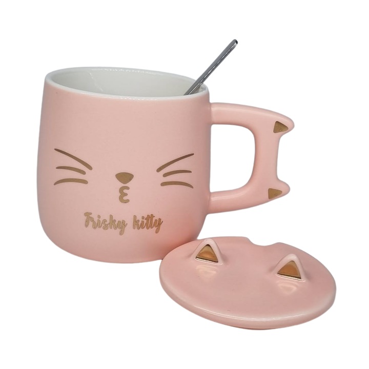 set cana cu lingurita si capac pisica frisky kitty ceramica 400ml roz imagen 33_1_
6