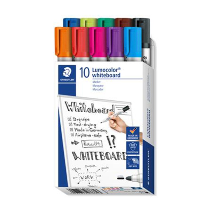 Staedtler Комплект маркери за черна дъска, 2 mm, заострени, "Lumocolor 351", 10 различни цвята