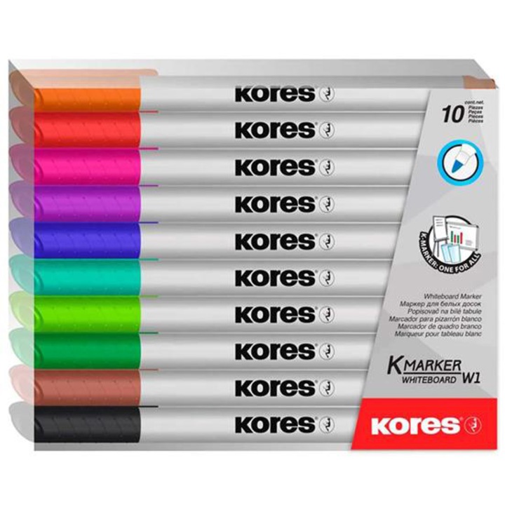 Kores Tábla- és flipchart marker készlet, 1-3 mm kúpos, "K-Marker", 10 különböző szín