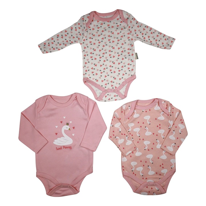 Set 3 Body-uri Bebelusi Fetite Maneca Lunga "Little Swan" 100% Bumbac, Coral