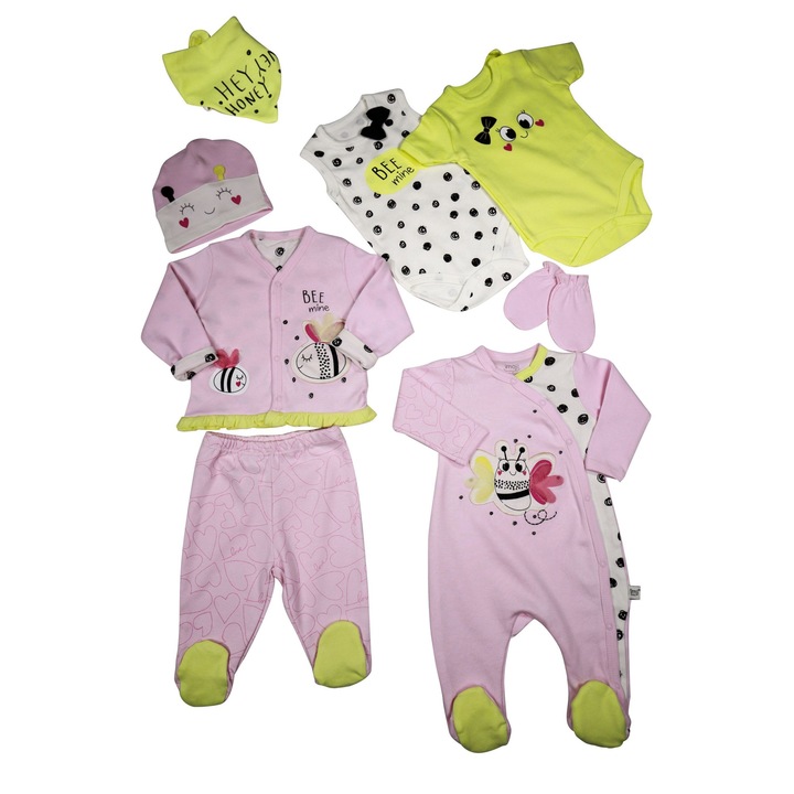 Set Cadou Nou Nascut 8 Piese "Baby Bee" 100% Bumbac, Roz, 62 CM