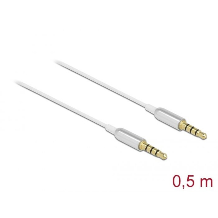 DeLock Sztereó Jack Kábel 3.5mm 4 pin Apa to Apa Ultra Slim 0,5m Fehér, Kábel