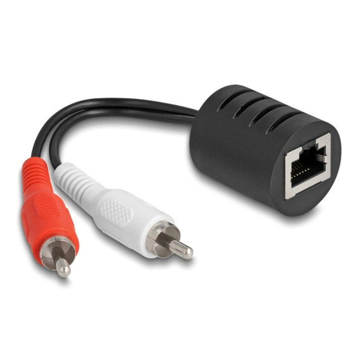 Audio hosszabbító, Delock, 2xRCA-dugó RJ45-ig, PVC, fekete