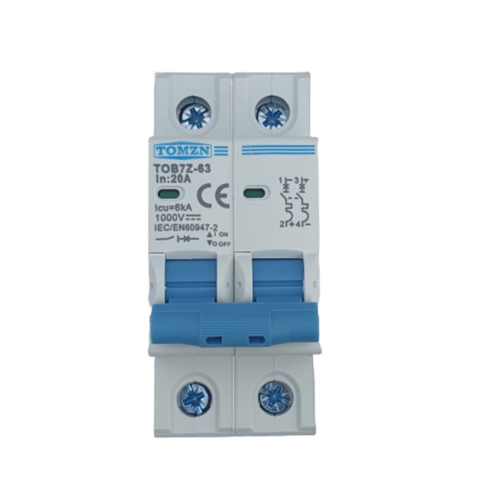 Siguranta automata de curent continuu 2P, 20A DC, 1000VDC, Intrerupator automat pentru panouri fotovoltaice, baterie sisteme fotovoltaice, instalare pe sina DIN, 2M