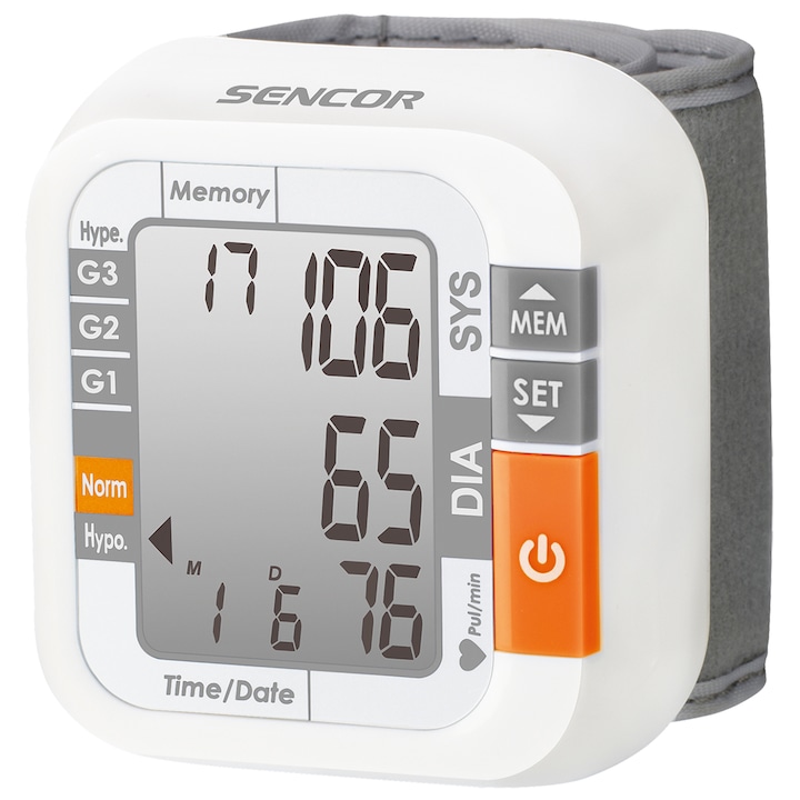 Sencor SBD 1470 csukló vérnyomásmérő, nagy LCD kijelző, oszcillometriás vérnyomásmérési módszer, memória 120 méréshez