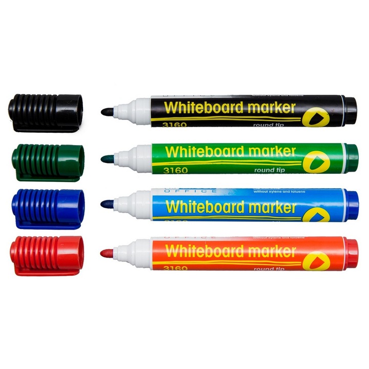 Set 4 markere pentru tabla, D.Rect, 3mm, Varf rotund, Multicolor