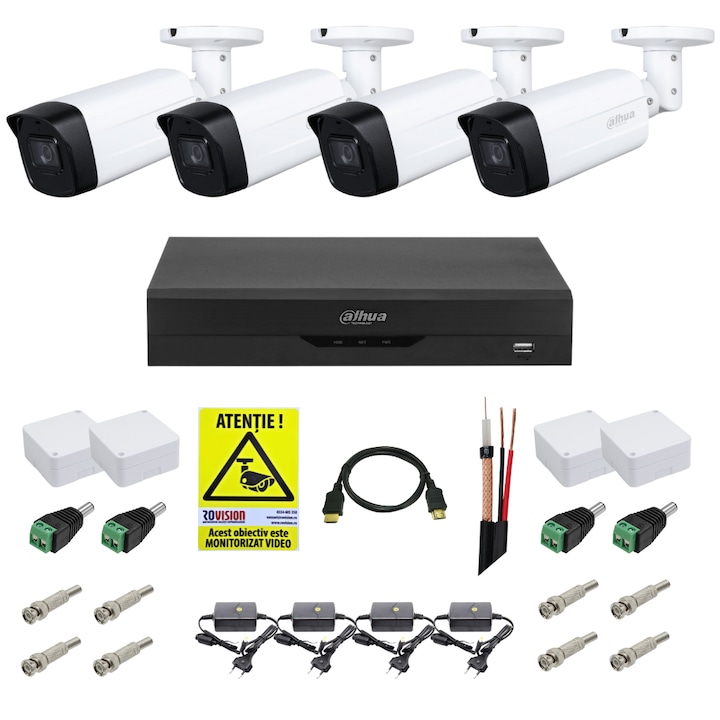 Sistem supraveghere video 4 camere Dahua HDCVI 2MP cu IR 80 m, accesorii incluse, vizualizare internet