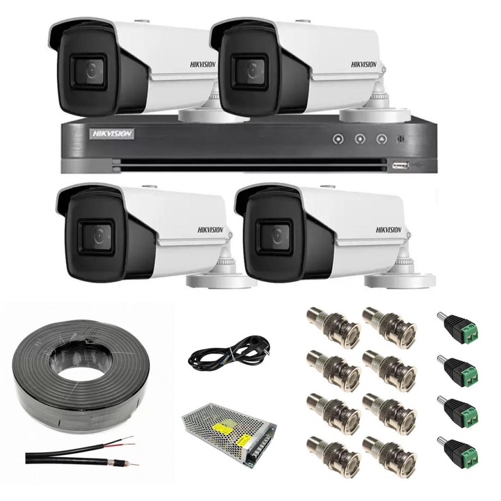 HIKVISION videó megfigyelő rendszer 4 kamera 8MP 4 az 1-ben, IR 60m, DVR 4 csatornás 4K 8MP, tartozékok