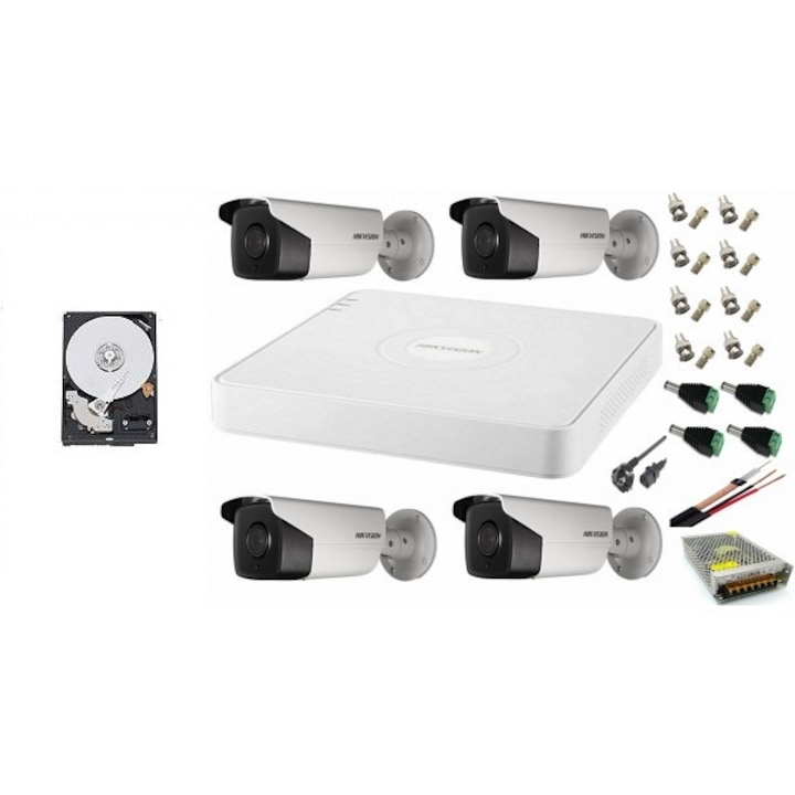 Kit supraveghere 4 MP/ 2K Hikvision Turbo HD cu 4 camere, alimentatoare, cabluri, vizualizare pe internet/telefon