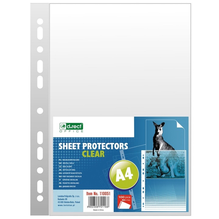 Folie de protectie D.Rect, 80 mic, Format A4, 100 Bucati, Transparent