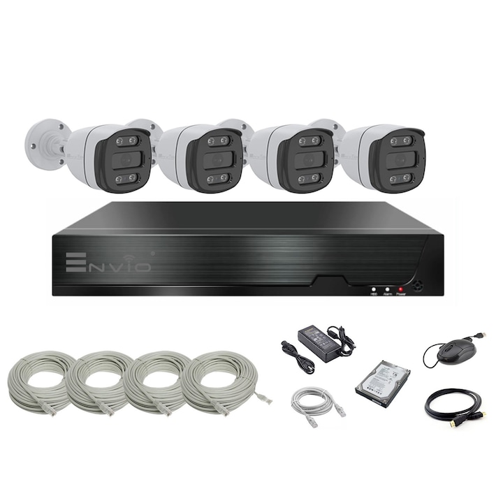 Kit/sistem supraveghere video complet ENVIO IP POE cu 4 camere Full Color 4MP PESS-KIT4CHBFP60H400-WHDD