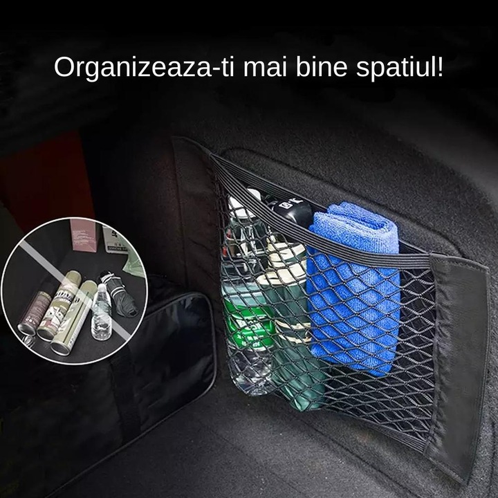 Plasa elastica pentru masina, organizator portbagaj tip buzunar cu scai, sistem de prindere velcro 40 x 25 cm, negru