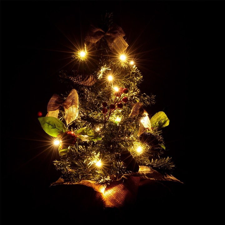 Brad de Craciun Decorativ, Model Masa, 20 Becuri LED, Conuri, Suport Panza Groasa, Verde, 50 cm