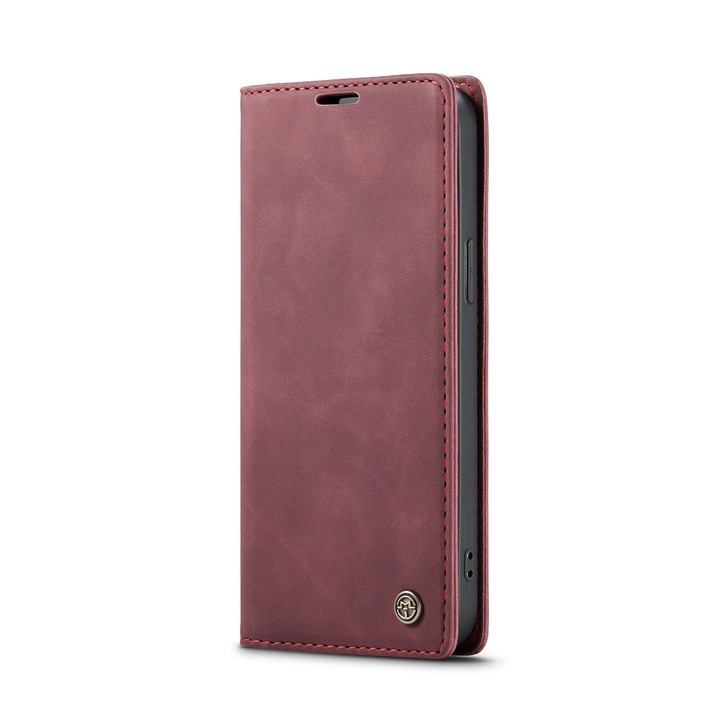 Husa pentru iPhone 14, CaseMe, slim piele, tip portofel, stand, inchidere magnetica, textura catifelata, Visiniu