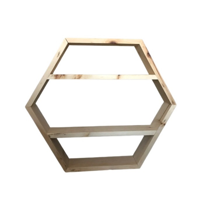 Raft de perete din lemn, in forma hexagonala, Hexwood, 55x50x9.4 cm, natur
