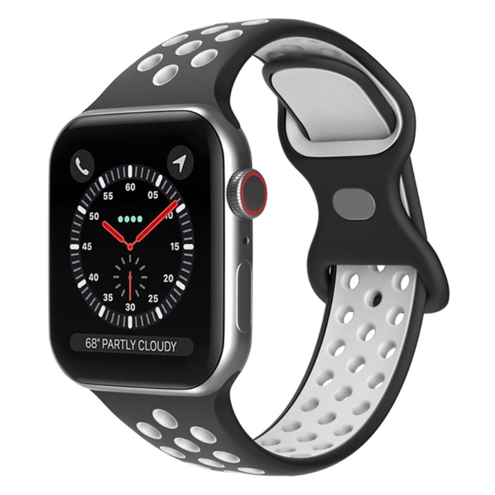 Curea ceas inteligent, Sport, Pentru Apple Watch Series SE/ SE 2, 44 mm, Negru/Alb