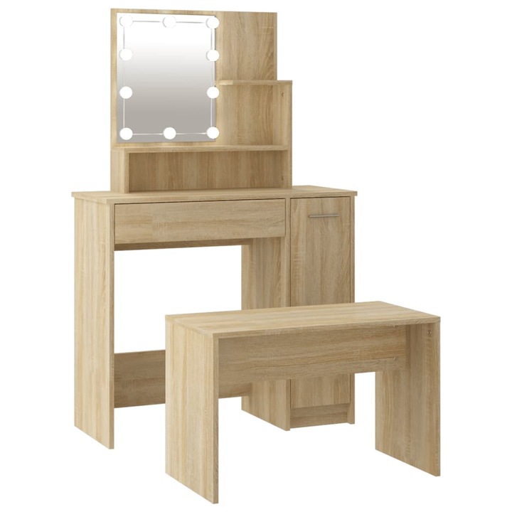 Тоалетка vidaXL, LED, Стол, Огледала, Кафяв, MDF, 86,5 x 35 x 136 см