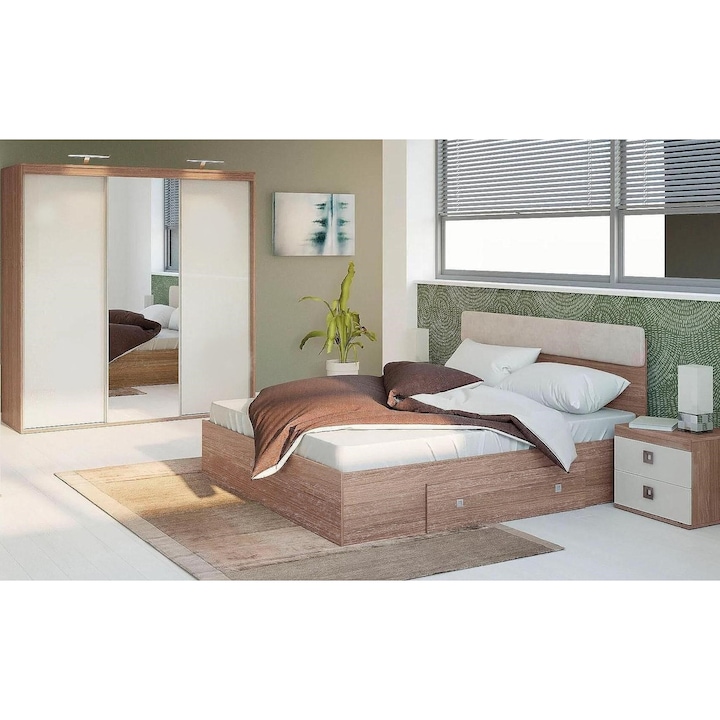 Комплект мебели за спалня Sani Domino, Гардероб с плъзгащи врати, Легло с чекмедже и тапицирана табла, 2 нощни шкафчета с чекмеджета, Дъб / Кашмир Гланц