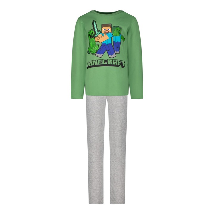 Pijamale copii, maneca lunga, Minecraft Skins Green, Multicolor