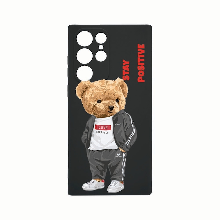 Husa Silicon, Compatibila Cu Samsung Galaxy S22 Ultra, Stay Positive - Teddy Bear, Rezistenta la uzura, Protectie Camera, Negru c-B 926