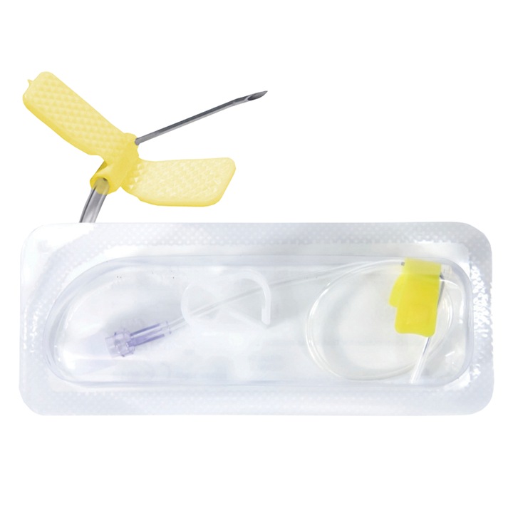 Huber Tű, steril, szárnyakkal, kemoterápiás anyagok beadására, 19G x 15 mm