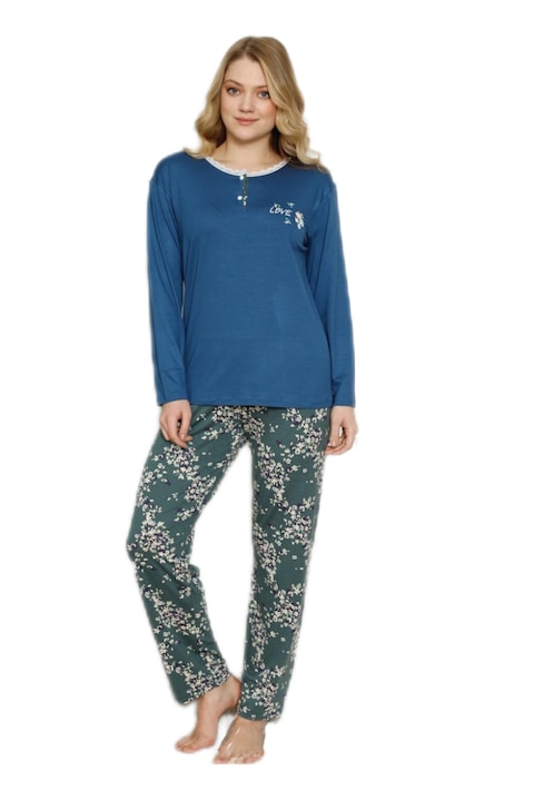 Pijama dama, 2 piese, culoare albastru/verde, vascoza, Albastru