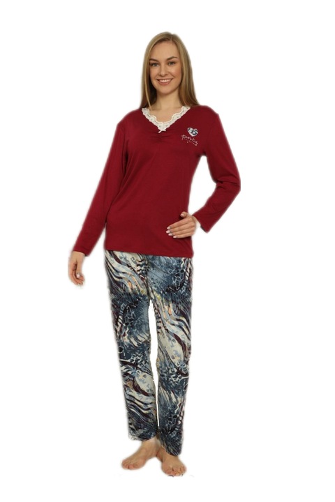 Pijama dama, 2 piese, culoare rosu/albastru, vascoza, Rosu